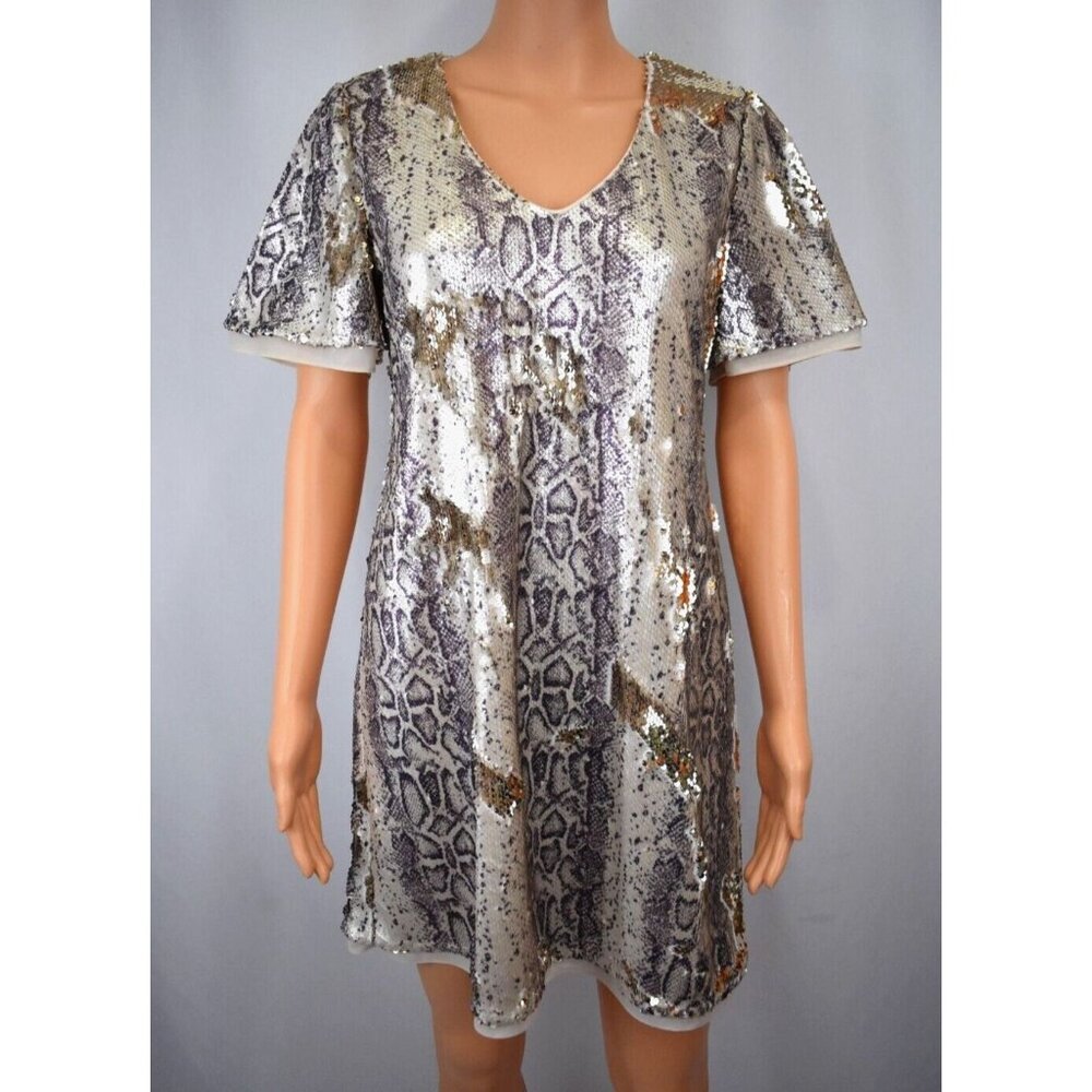 Maven West Reverse Sequin Shift Dress Women's XS Animal Print Cocktail Holiday